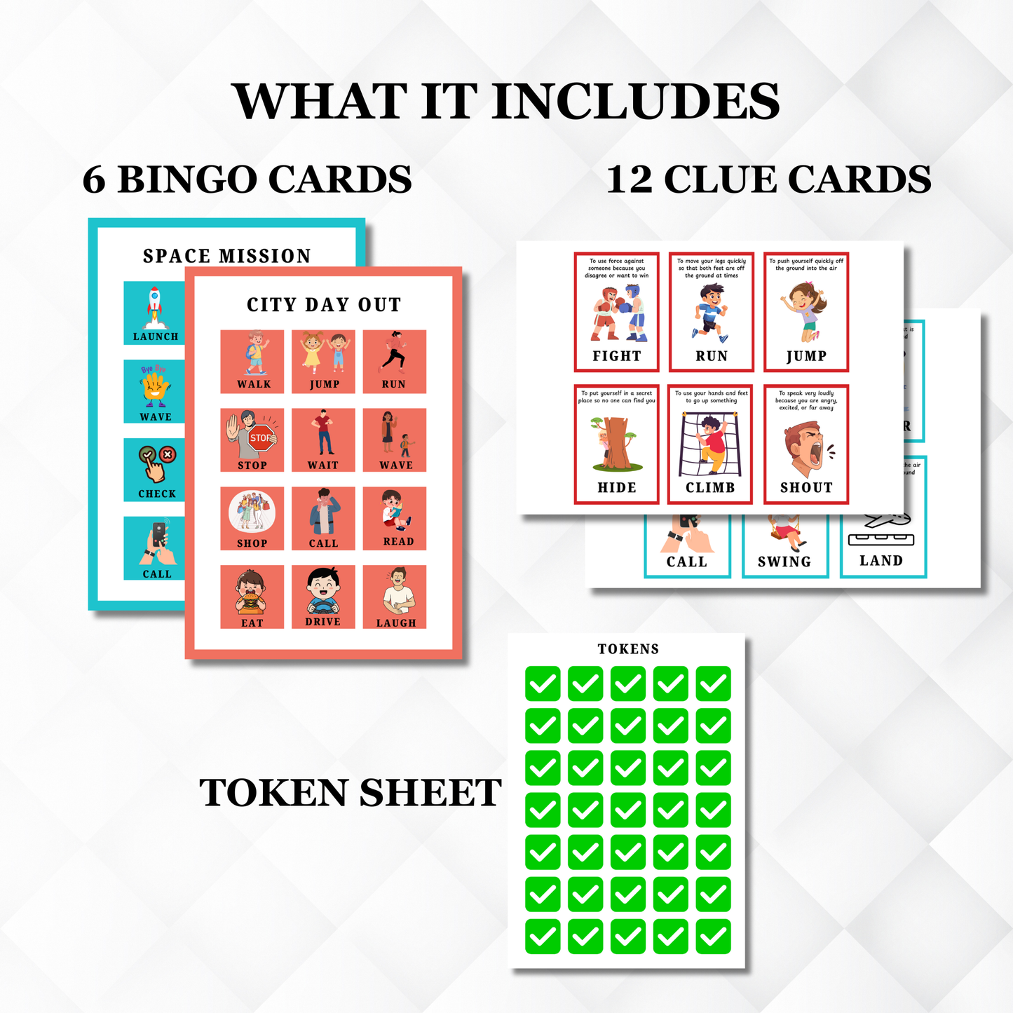 Sakuya Bingo Verb Flash Cards printable for Kids | Action Words Learning Game | Early English Vocabulary