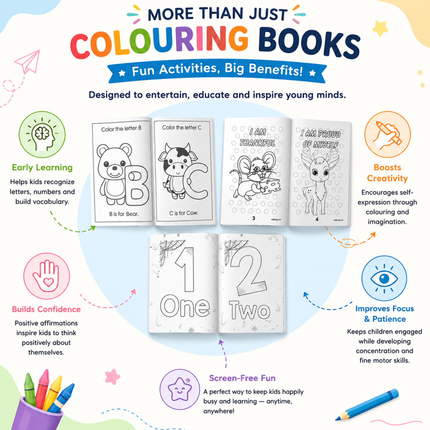 Sakuya 7-piece Ultimate Colouring Combo | Drawing Book for Kids 6-12, Activity Set with Magic Water Art Pad, Alphabet & Number Learning, Trace & Colour, Birthday Gift