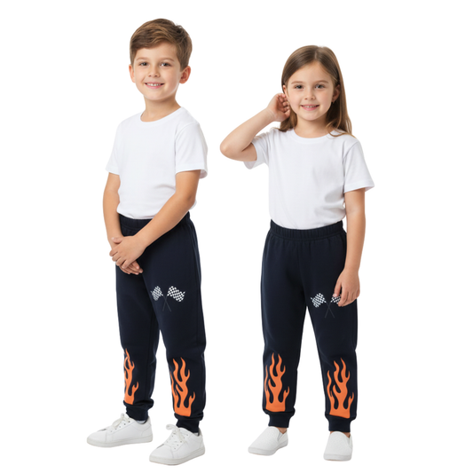 Sakuya Black joggers for boys, soft night pant, sporty track bottom suited to 1-5 years kids with racing design, comfy elastic waist full length wear, casual sleep trousers children will love