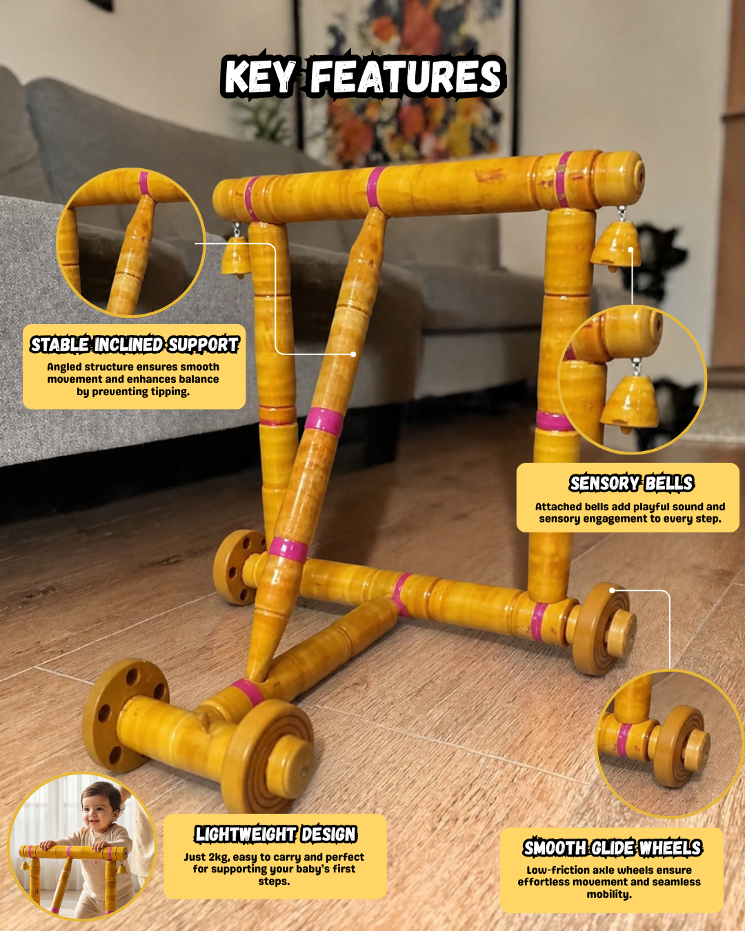 Wooden Baby Walker Push Toy for Toddlers 6-18 Months | Brown