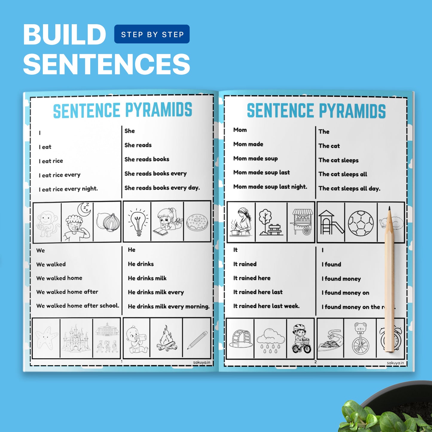 Sakuya 209 Sentence Pyramid Book | Homeschool Printable | Preschool Download | Handwriting Practice | Kindergarten Phonics and Comprehension