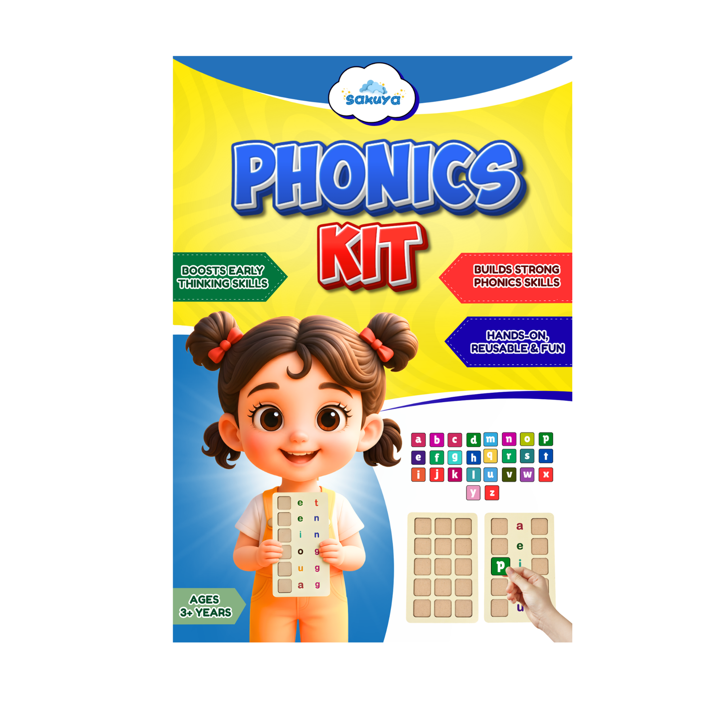 Sakuya Hands-On Phonics Kit for Kids | Games for Kids | Letter and Spelling Game | Durable Letter Tiles | Early Development Game, and Engaging Cognitive Development Activities