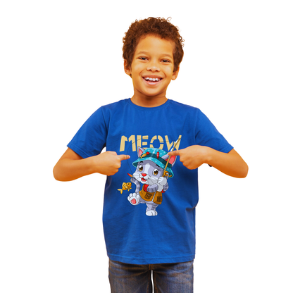 Sakuya Kids T-Shirt Regular Fit Unisex Cotton Dress with Attractive Cat Print| Half Sleeves - Perfect for Boys & Girls| Vibrant Blue - Sakuya