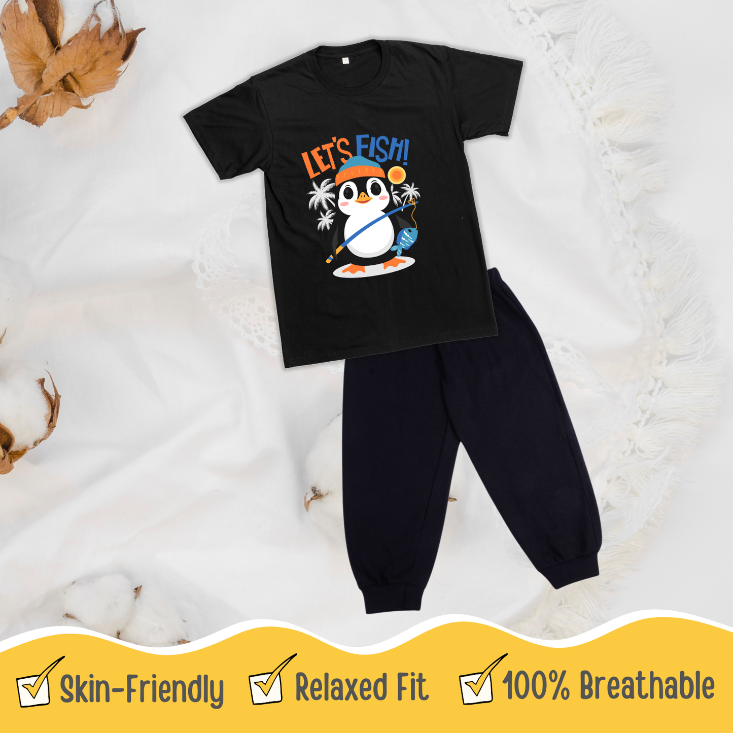 Sakuya Cute Penguin Print Breathable Cotton Half  Sleeve Tshirt & Pant Clothing Set for Nightwear coord Set for Unisex Kids Boys Girls-Black - Sakuya