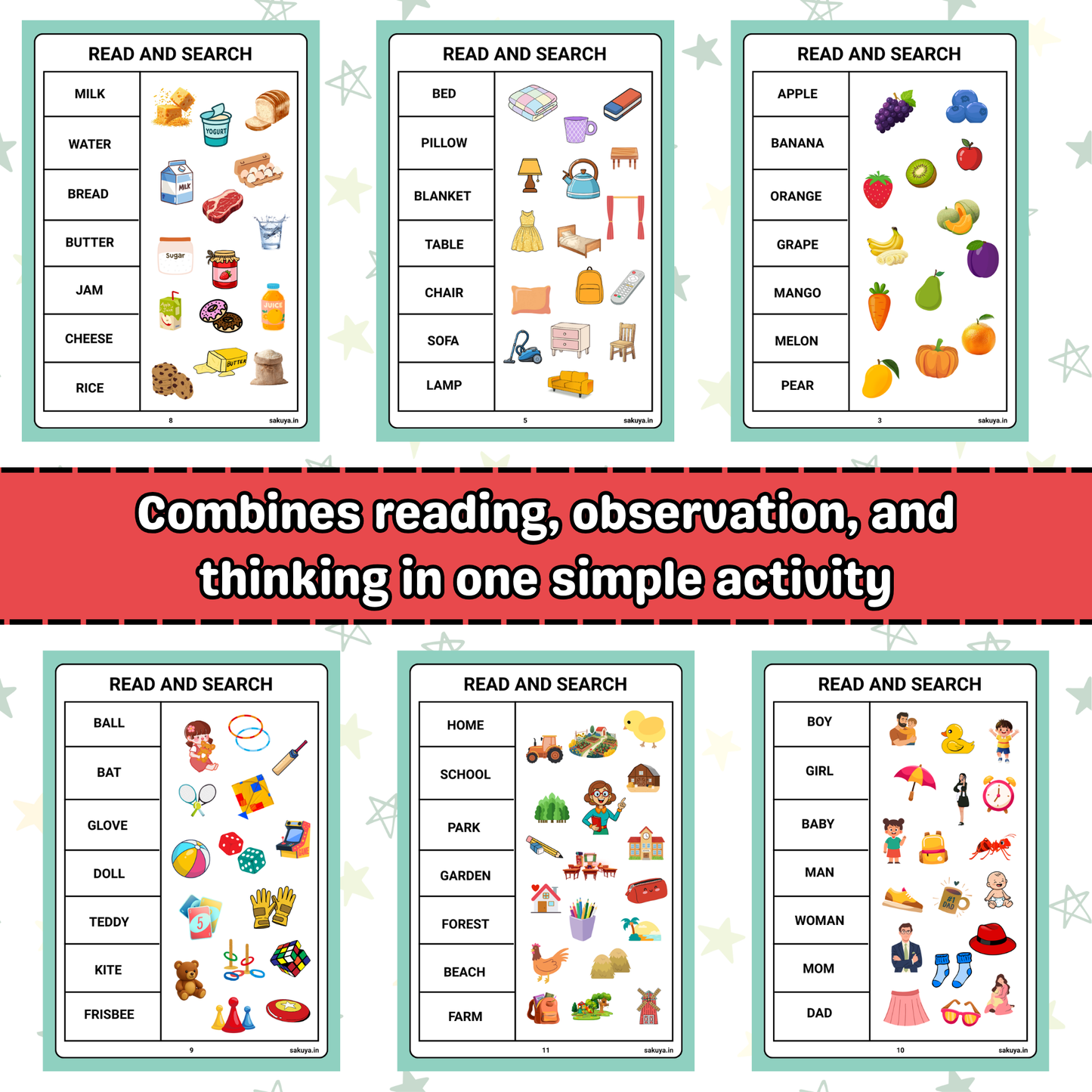 Sakuya Read and Search Activity Sheets for Kids | Printable Reading & Word Search Game | Digital Download Learning PDF