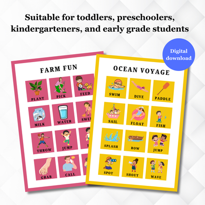 Sakuya Bingo Verb Flash Cards printable for Kids | Action Words Learning Game | Early English Vocabulary