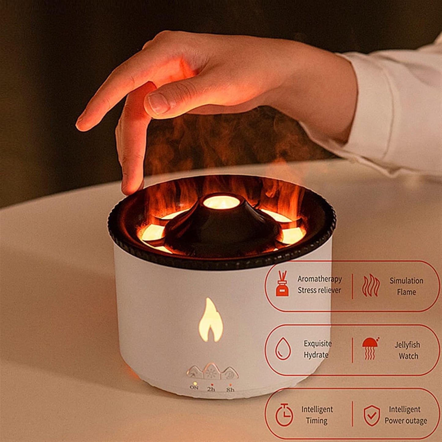 Volcano Humidifier with Flame & Lava Mist Effect, Essential Oil Diffuser, Cool & Warm Mist, Silent Operation, Auto Shut-Off, USB Powered for Home, Office & Bedroom