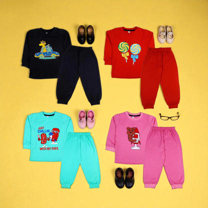 Sakuya Kids Clothing Set Night Suits Round Neck Full Sleeve T-Shirt & Pant Soft, Breathable 100% Cotton Sleepwear Baby Boys & Girls - Pajama Set | Unisex Kids Dress Sleepsuits Pack of 4, Multicolour