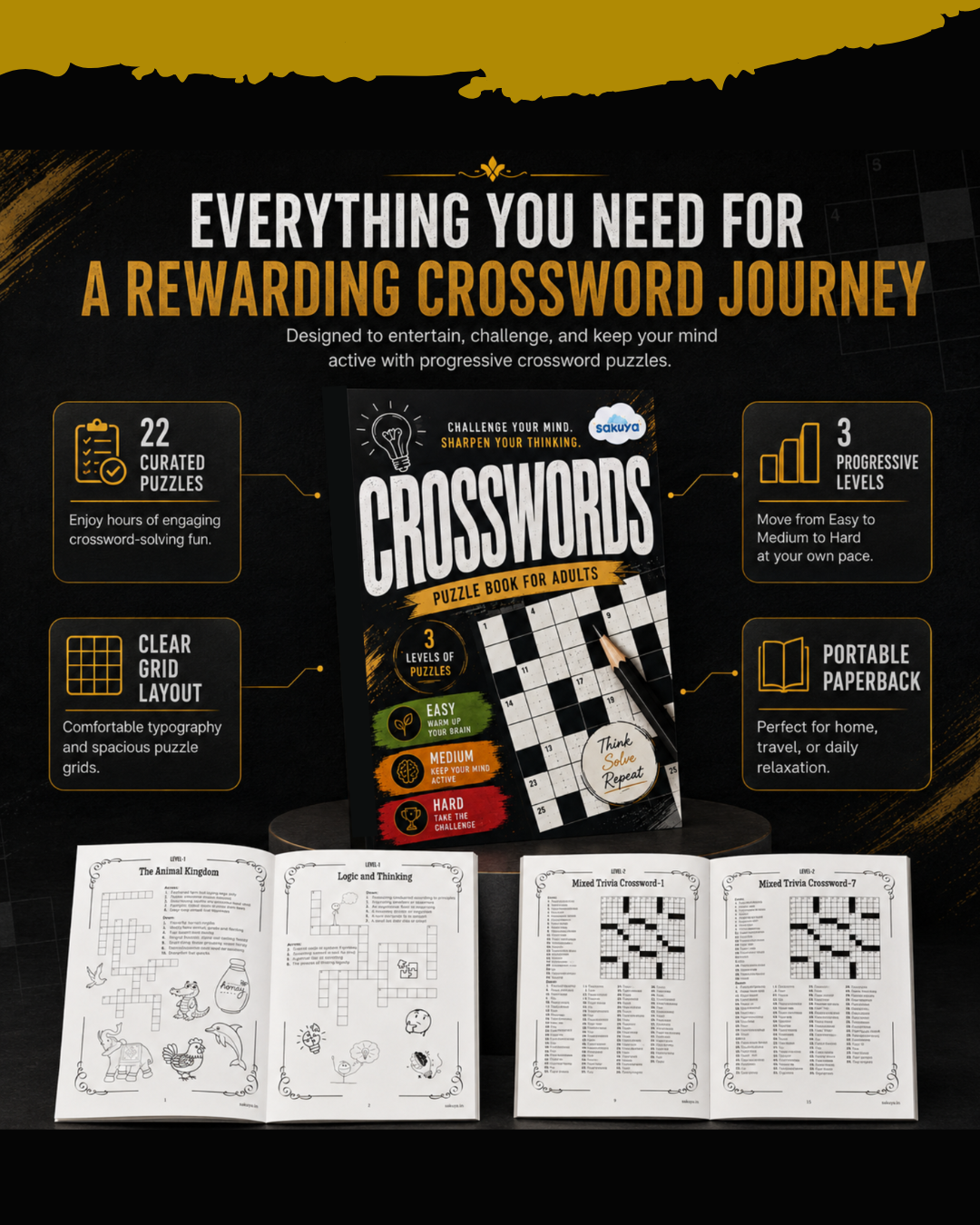 Sakuya Crossword Puzzle Books for Adults | 22 Puzzles | Brain Games