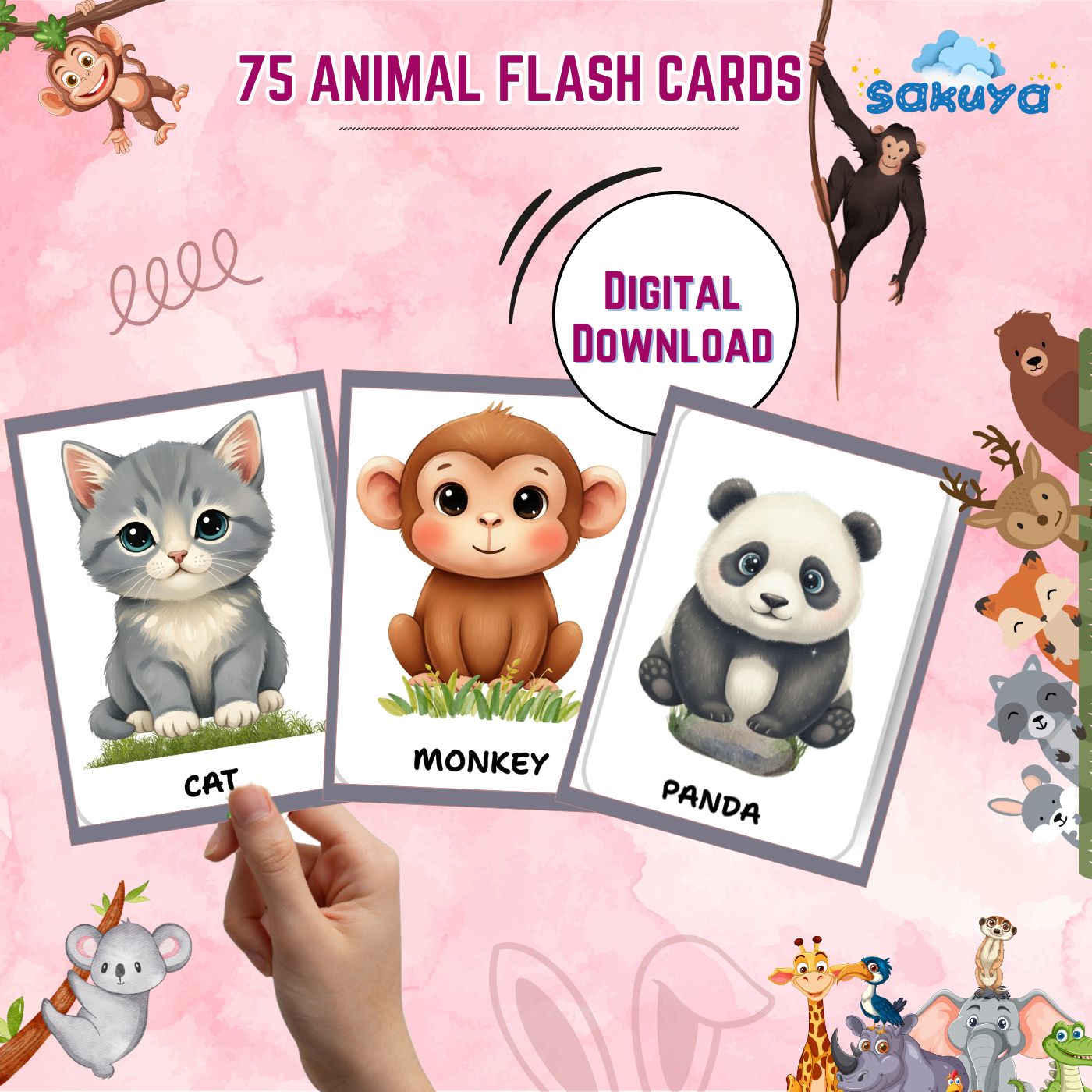 Sakuya Animal Flash Cards for Kids Learning | Preschool Educational Cards | Toddler Printable | Animal Name and Sound Recognition Game