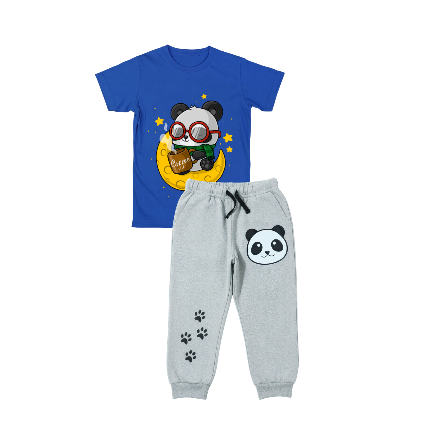 Sakuya Kids Wear Cotton T-Shirt & Jogger Pant Set – Blue Panda Print T-Shirt with Grey Jogger Pants | Unisex Outfit for Boys & Girls | Breathable Fabric, Stretch Waist, Ribbed Cuffs