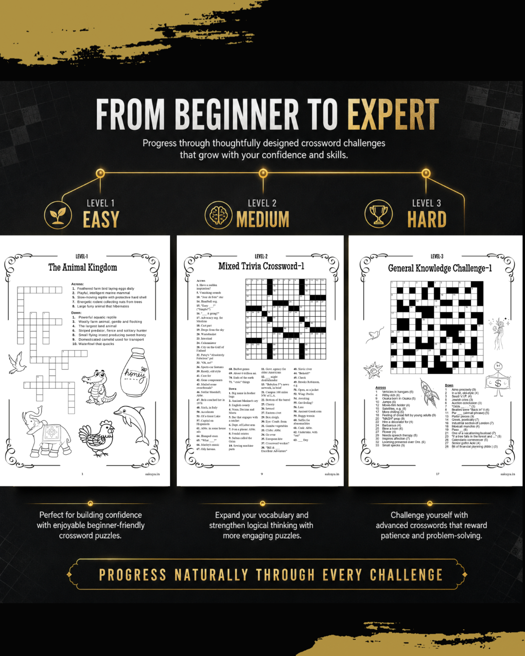Sakuya Crossword Puzzle Books for Adults | 22 Puzzles | Brain Games
