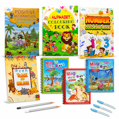 Sakuya 7-piece Ultimate Colouring Combo | Drawing Book for Kids 6-12, Activity Set with Magic Water Art Pad, Alphabet & Number Learning, Trace & Colour, Birthday Gift