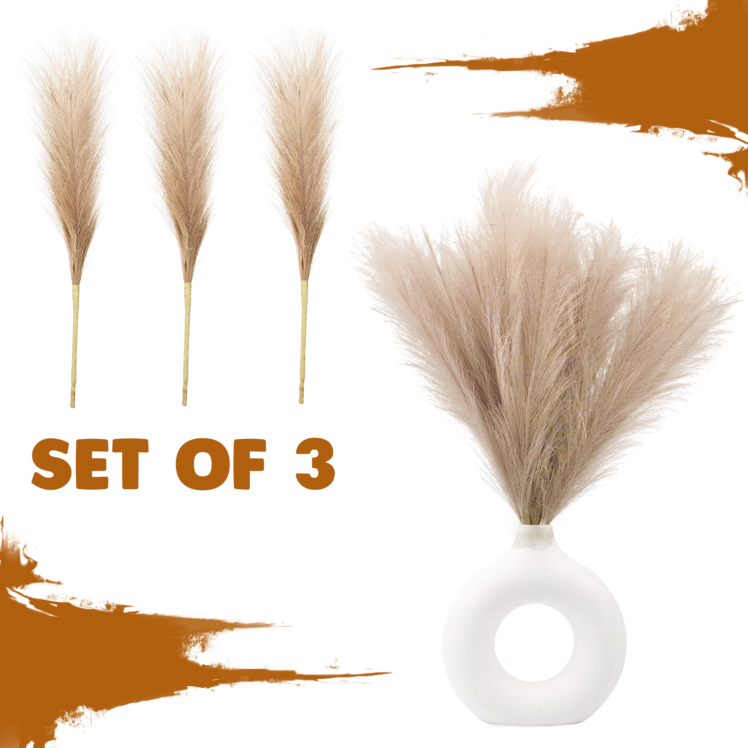 Sakuya Pampas Grass - Set of 3 Artificial Fluffy Stems for Living Room, Bedroom, Farmhouse, and Office decor| Vase Filler - Sakuya