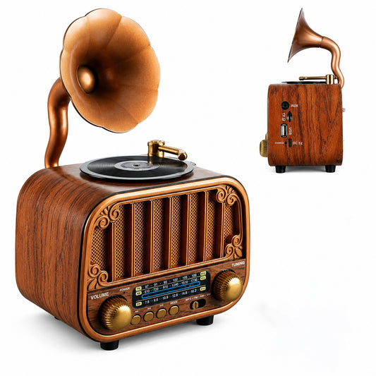 Sakuya Gramophone Bluetooth Speaker for Home Décor and Music Playback – Retro Wireless Music Player with FM Radio, USB, TF Card, AUX Support and Rechargeable Battery – Classic Gramophone Design