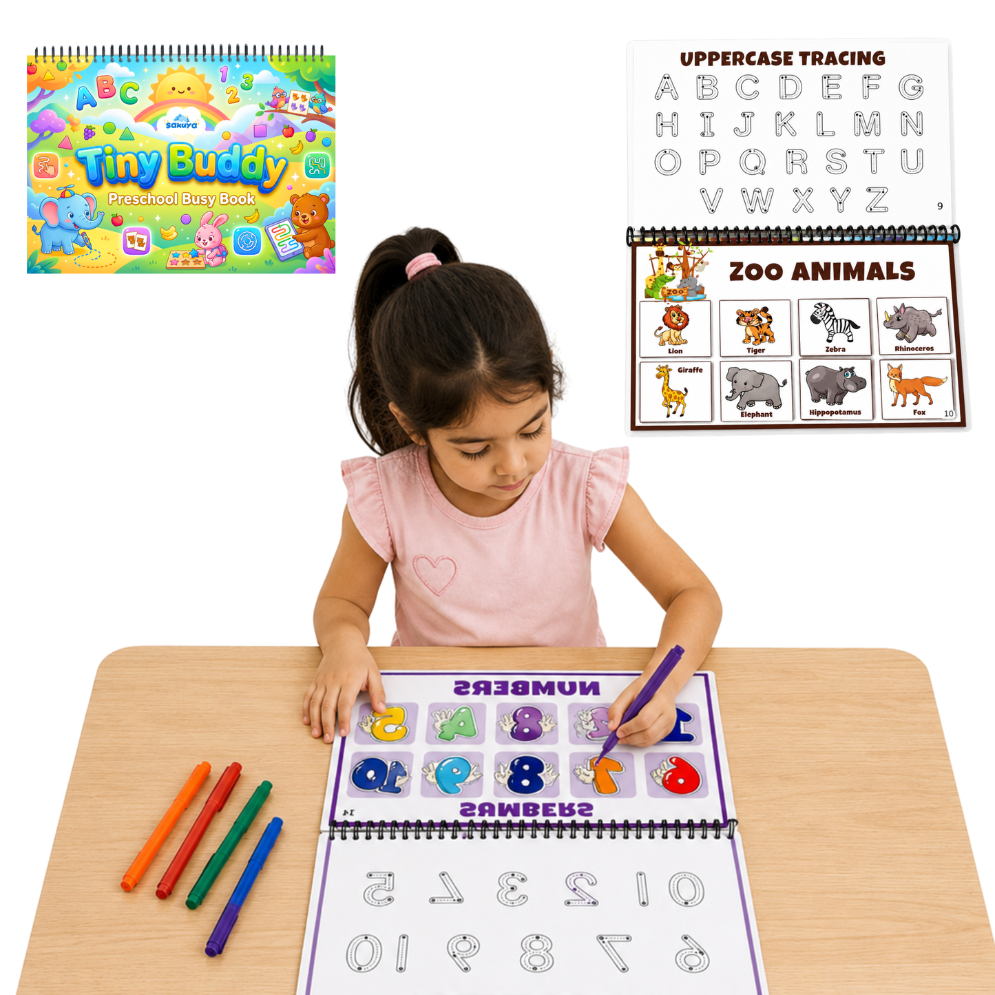 Sakuya Tiny Buddy Preschool Busy Book for Kids (2–5 Years) | 20-in-1 Montessori Activity Book | Reusable Learning Binder | Early Learning Toy for Alphabet, Numbers, Shapes & Fine Motor Skills