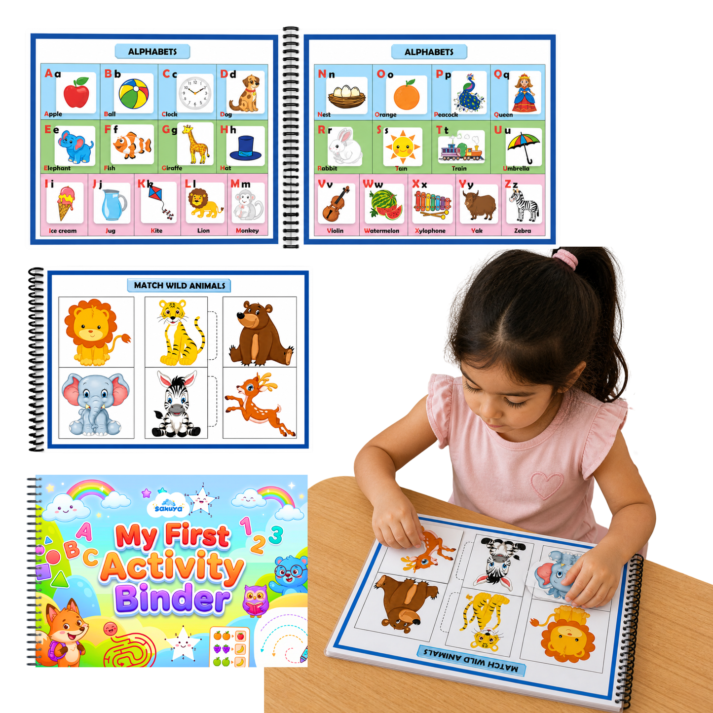 Sakuya My First Activity Book for 3+ Year Old | Montessori Busy Book with Cute Stickers and Velcro Activities | Early Learning Toy for Shapes, Colors, Alphabets & Numbers | Reusable Educational Binder