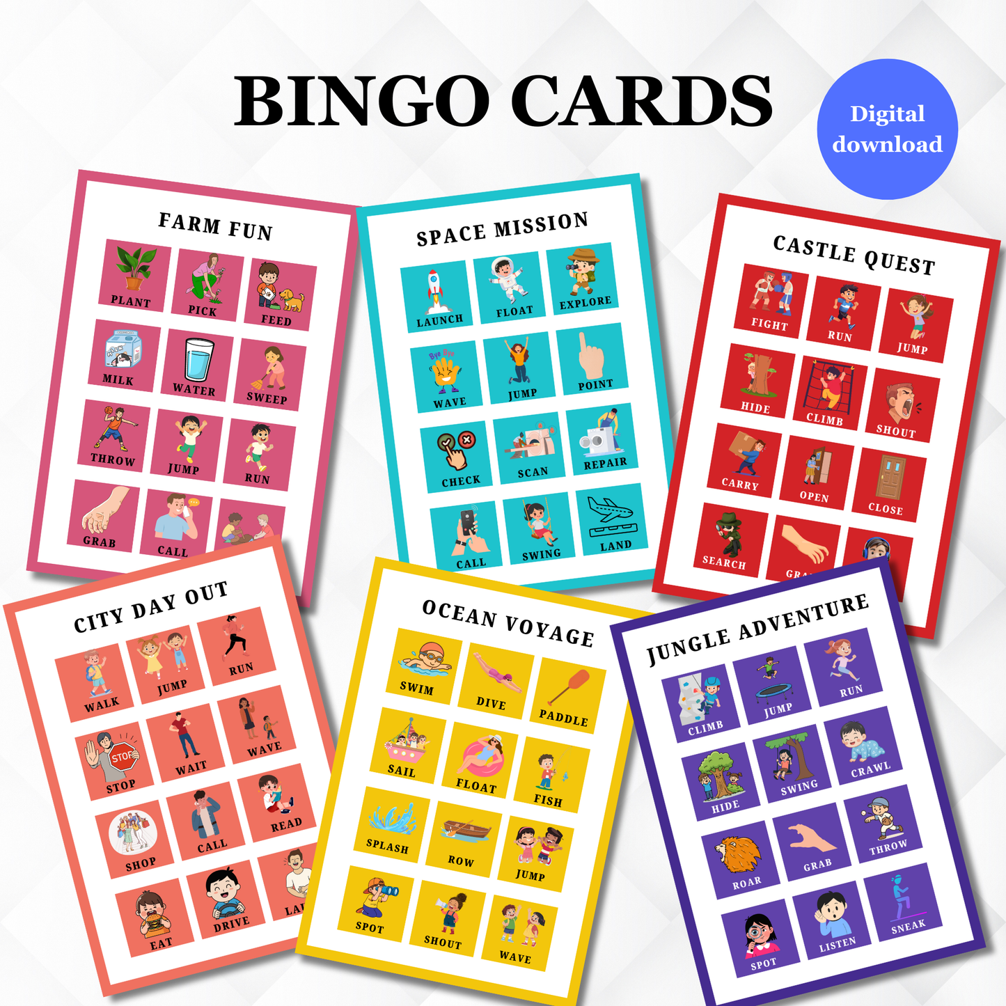 Sakuya Bingo Verb Flash Cards printable for Kids | Action Words Learning Game | Early English Vocabulary