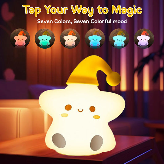 Sakuya Cute Star Night Lamp for Kids Bedroom | Touch & Tap Control Color Changing Silicone LED Lamp with Rechargeable Battery | Soft Warm Light Bedside Lamp for Baby Nursery, Sleep Aid & Room Decor