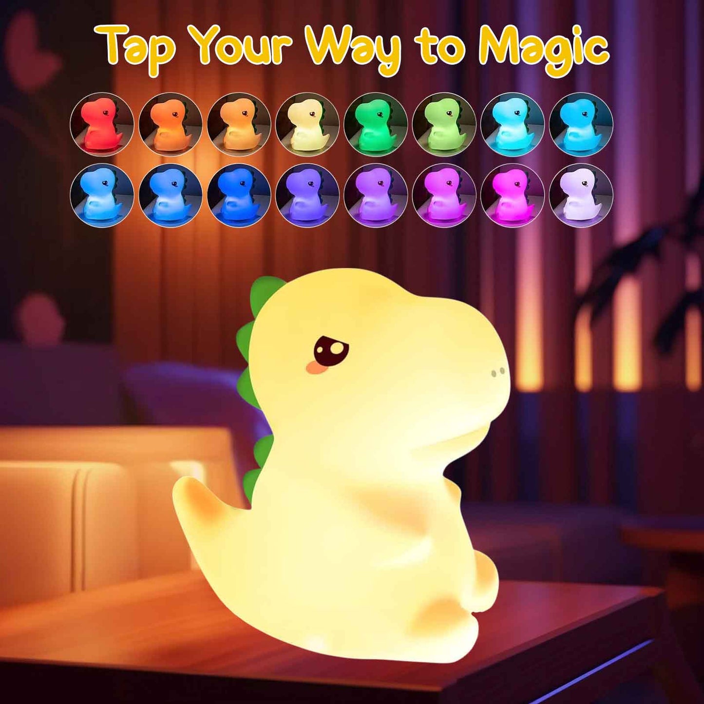 Sakuya Cute Mini Dinosaur Night Lamp for Kids Bedroom | Touch & Tap Control Color Changing Silicone LED Lamp with Rechargeable Battery | Soft Warm Light