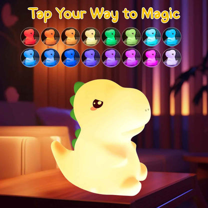 Sakuya Cute Mini Dinosaur Night Lamp for Kids Bedroom | Touch & Tap Control Color Changing Silicone LED Lamp with Rechargeable Battery | Soft Warm Light