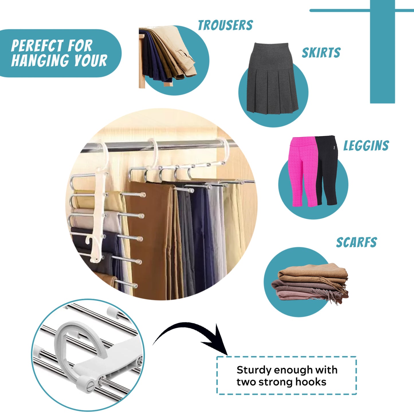 Sakuya 5 in 1 Stainless Steel Hanger for Clothes is Multi Purpose Hangers for Wardrobe Space Saver/Magic Foldable Hangers for Clothes to Save Space and Organize Pants - Sakuya