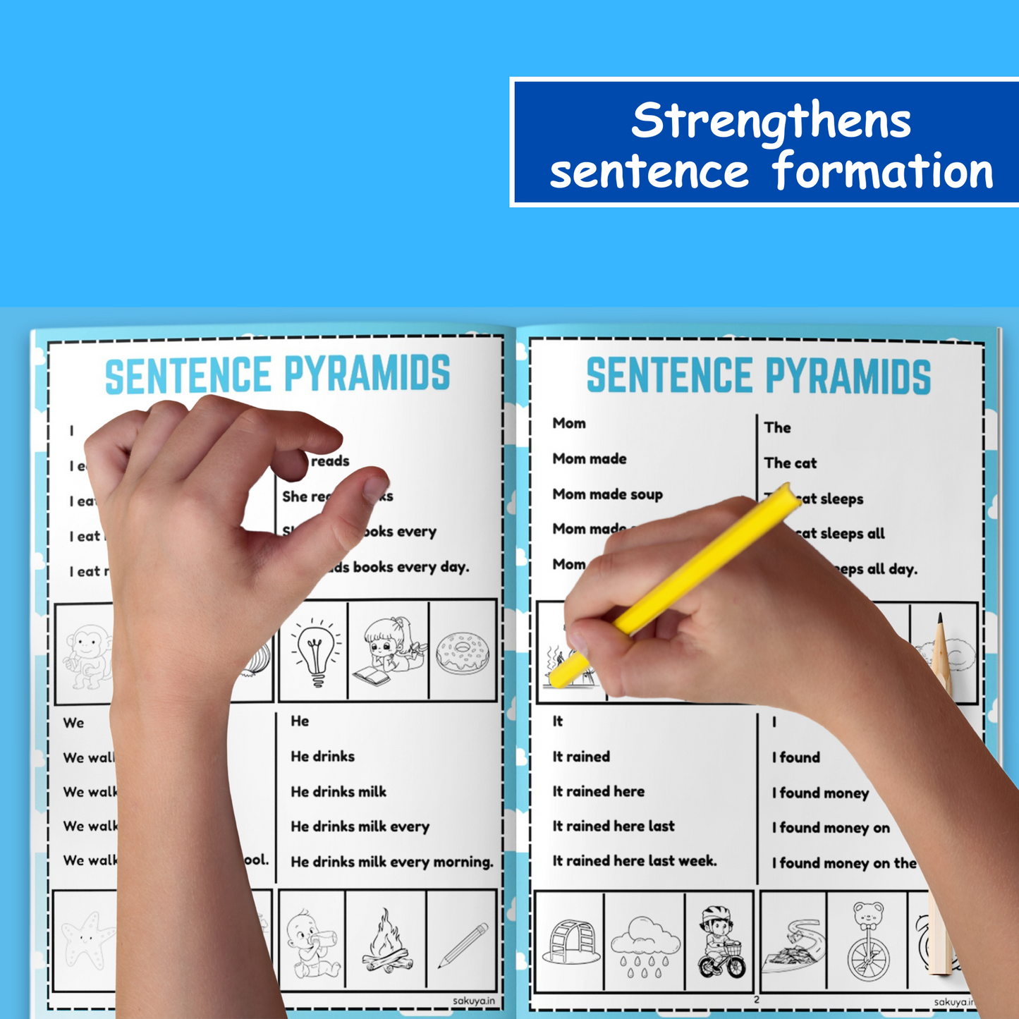 Sakuya 209 Sentence Pyramid Book | Homeschool Printable | Preschool Download | Handwriting Practice | Kindergarten Phonics and Comprehension
