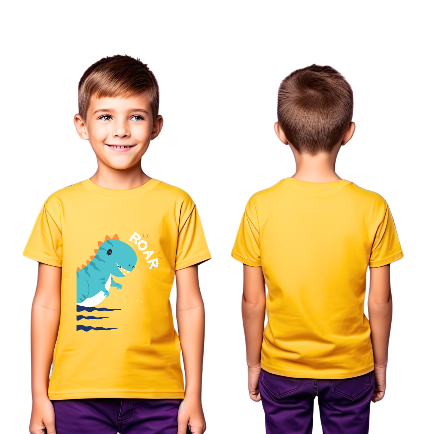 Sakuya Kids T-Shirt Regular Fit Unisex Cotton Dress with Attractive Dino Print| Half Sleeves - Perfect for Boys & Girls-Yellow - Sakuya