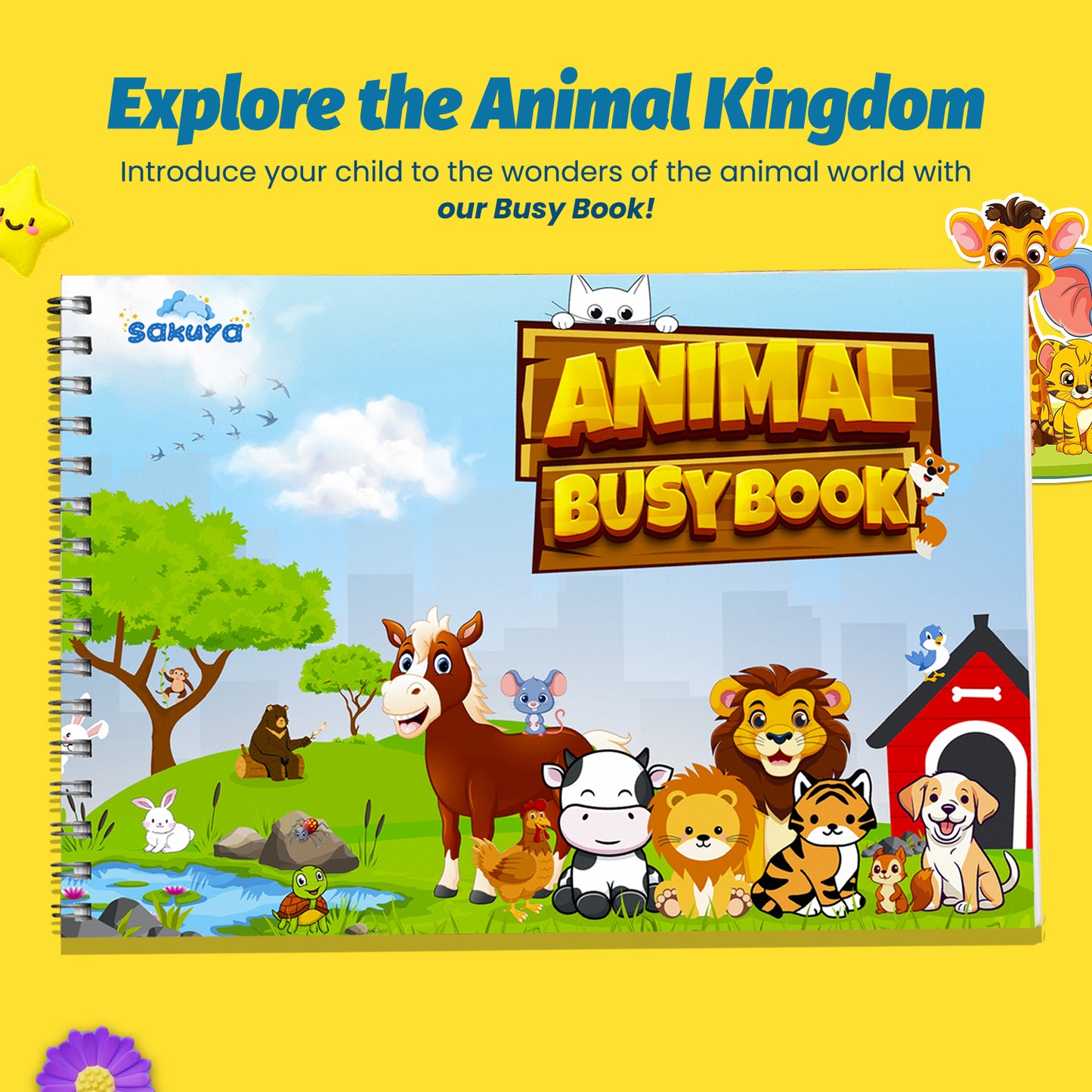 Sakuya Kids’ Animal Binder with 58 Velcro Attachments, Laminated Surface, Blund Edges for Safety, and Binder Ring Included
