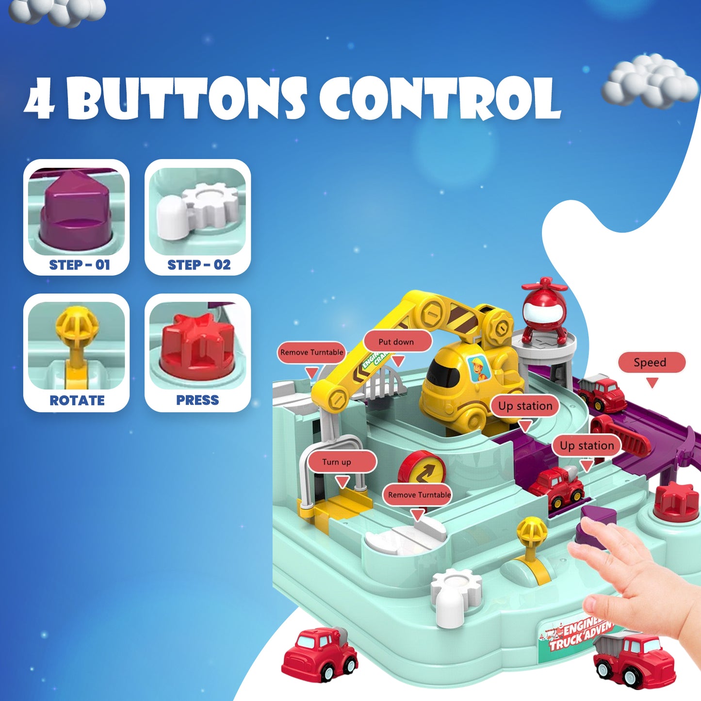 Sakuya Car Race Track Toy for Kids with Helicopter, Ramp, Slide, Manual Controls and Crane | Fun Learning Engineering Truck Adventure Set | Gift for Boys and Girls Ages 3+