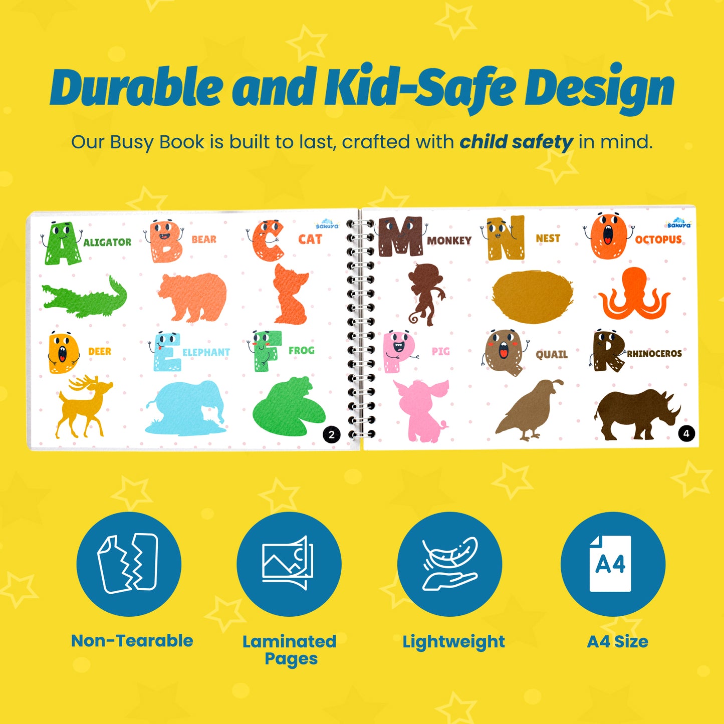 Sakuya Kids’ Animal Binder with 58 Velcro Attachments, Laminated Surface, Blund Edges for Safety, and Binder Ring Included