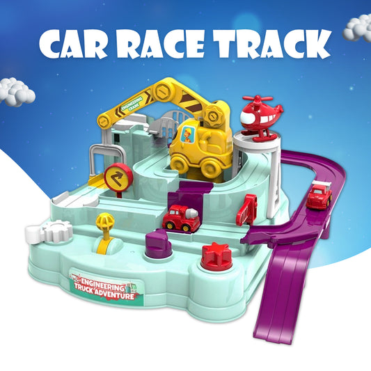 Sakuya Car Race Track Toy for Kids with Helicopter, Ramp, Slide, Manual Controls and Crane | Fun Learning Engineering Truck Adventure Set | Gift for Boys and Girls Ages 3+