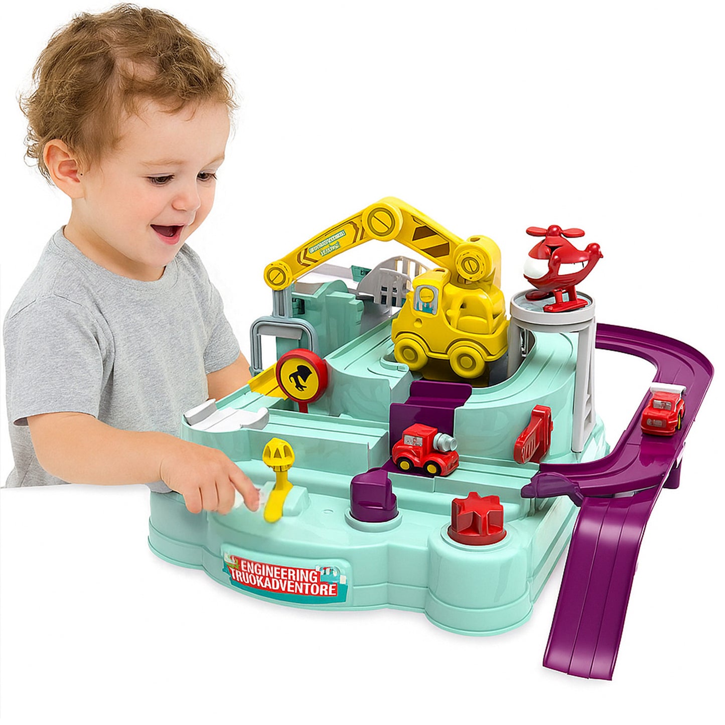 Sakuya Car Race Track Toy for Kids with Helicopter, Ramp, Slide, Manual Controls and Crane | Fun Learning Engineering Truck Adventure Set | Gift for Boys and Girls Ages 3+