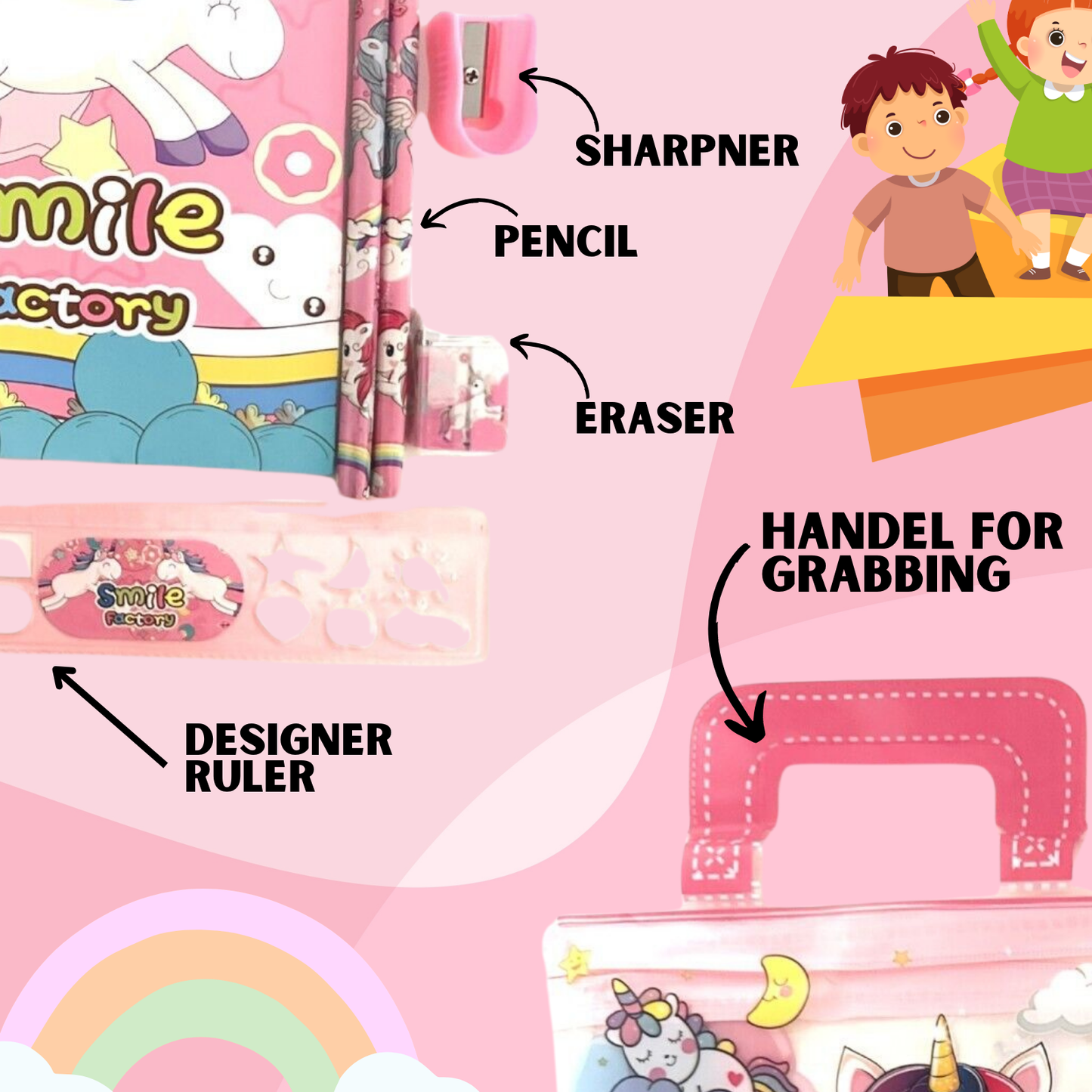 Cartoon Stationary Kit for Kids with Cartoon -Themed Pencils, Eraser, Sharpener, Notebook, Ruler, and More | Fun and Colorful Gift Set for School and Creative Play