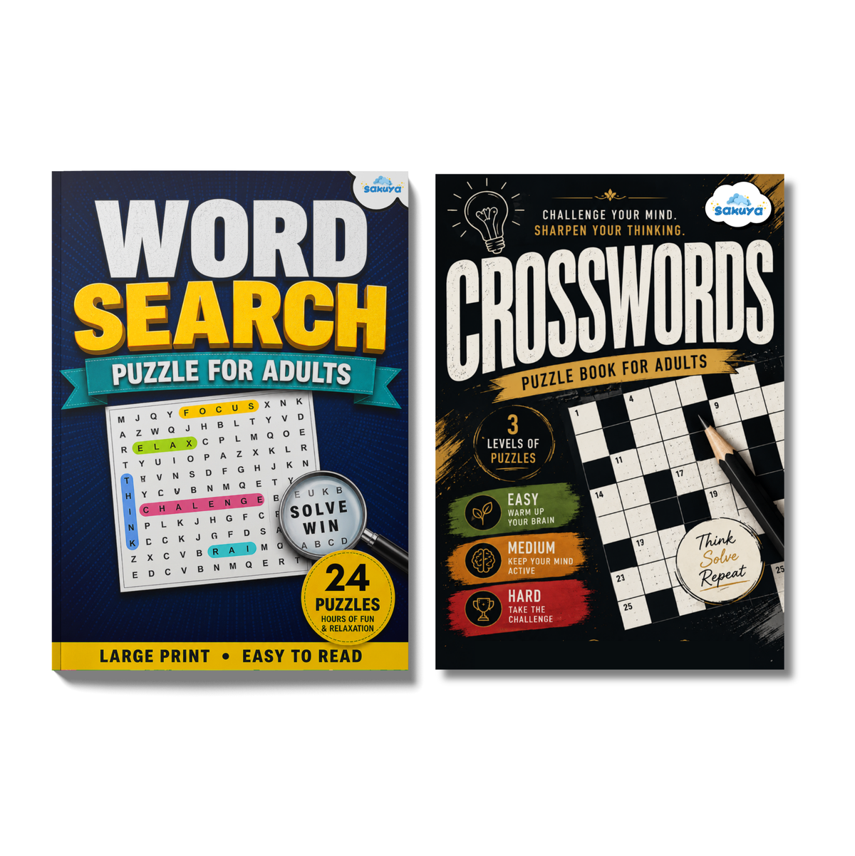 Sakuya Crossword & Word Search Puzzle Books for Adults | Crossword Challenges & 24 Word Search Puzzles | Large Print