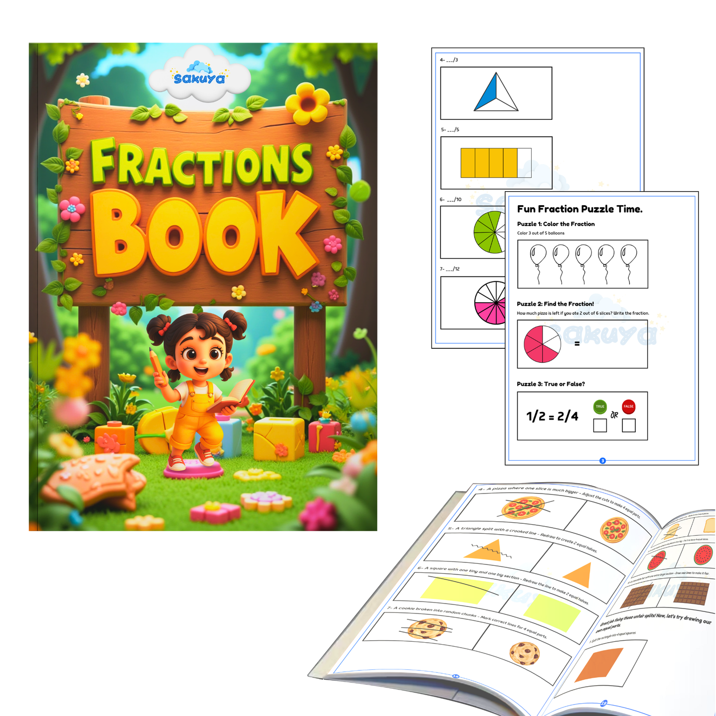 Sakuya Fraction Puzzle Book for Kids Ages 7-10 | Fun Math Activity Workbook with Fraction Games, Mazes & Brain Teasers | Learn Fractions the Easy Way | Homeschool & Classroom Learning