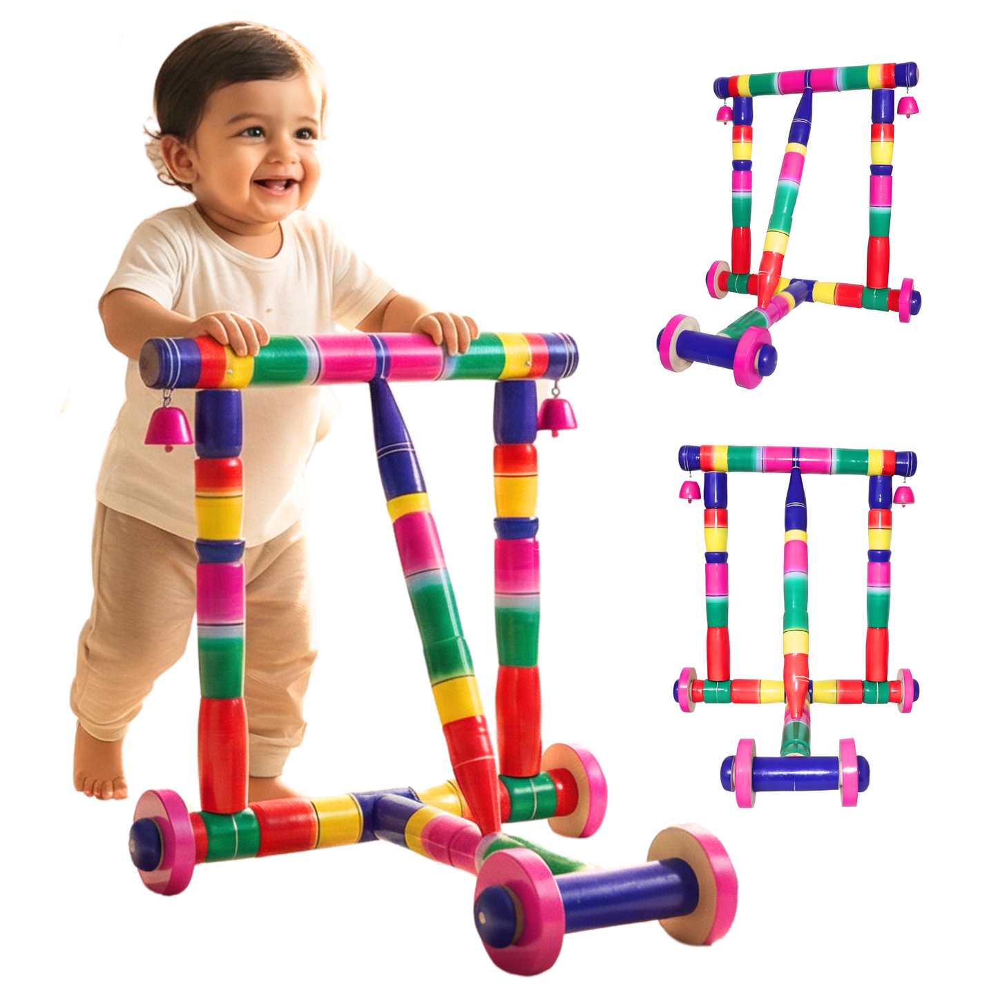 Sakuya Wooden Baby Walker Push Toy for Toddlers 6–18 Months | First Step Activity Walker | Solid Wood Frame | Smooth Wheels & Bells | Balance & Walking Support | Multicolor