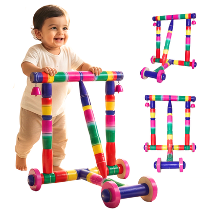 Sakuya Wooden Baby Walker Push Toy for Toddlers 6–18 Months | First Step Activity Walker | Solid Wood Frame | Smooth Wheels & Bells | Balance & Walking Support | Multicolor