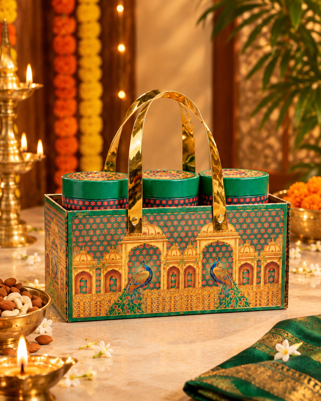 3" x 6" Pichwai Metal Tin Box with Basket for Navrathri Gifting - Pack of 3