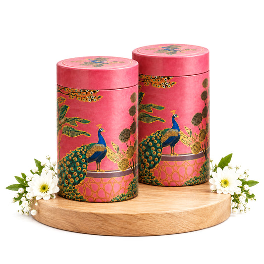 4" Metal Tin Box for Navrathri Gifting, Pichwai Pink Peacock, Pack of 2