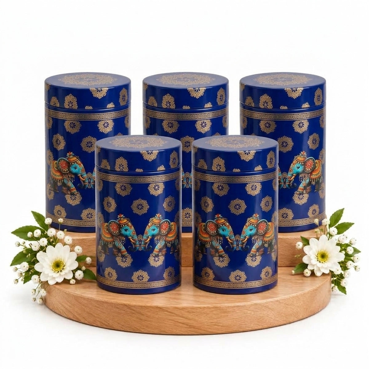 6" Metal Tin Box for Navrathri Gifting, Pichwai Blue Elephant, Pack of 2