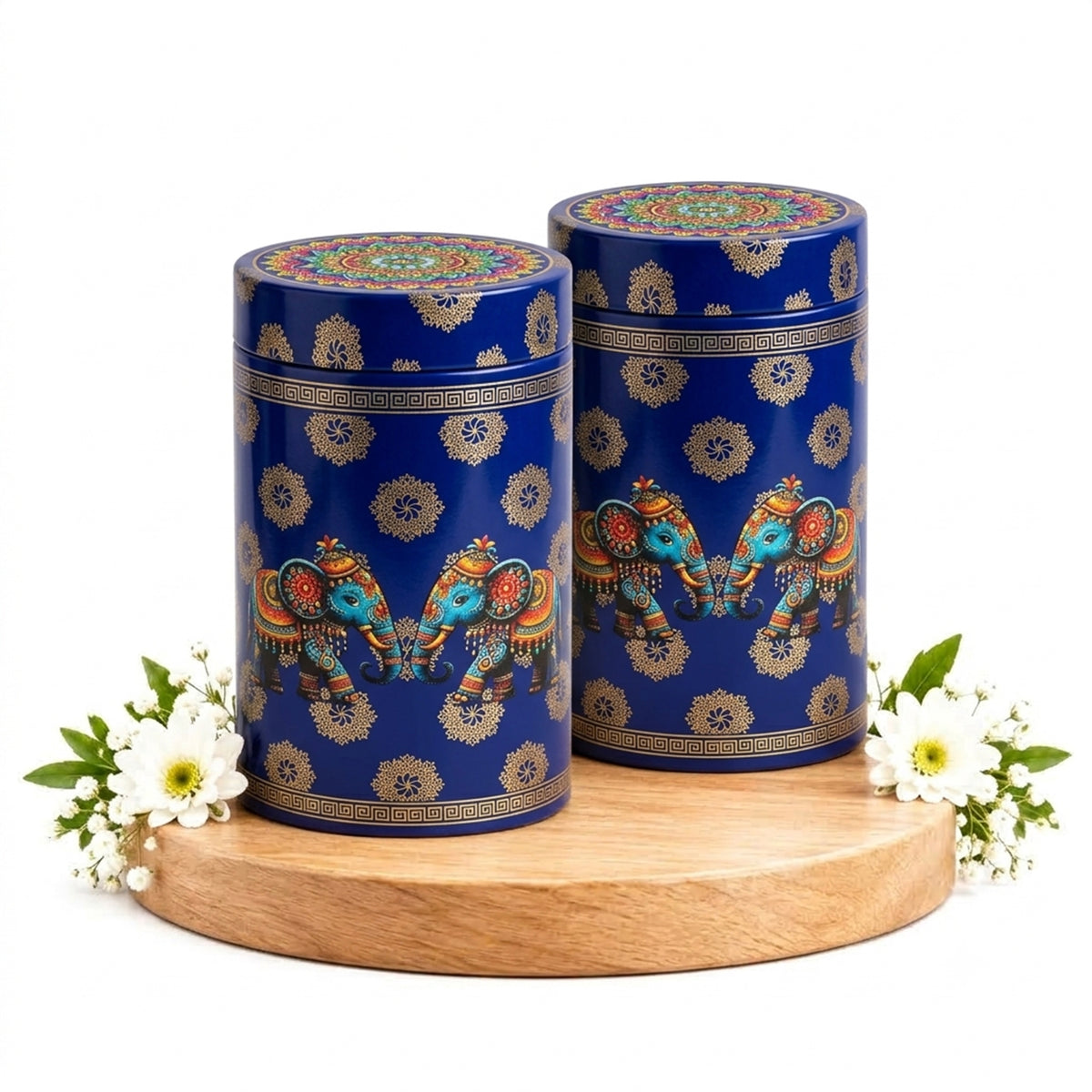 6" Metal Tin Box for Navrathri Gifting, Pichwai Blue Elephant, Pack of 2