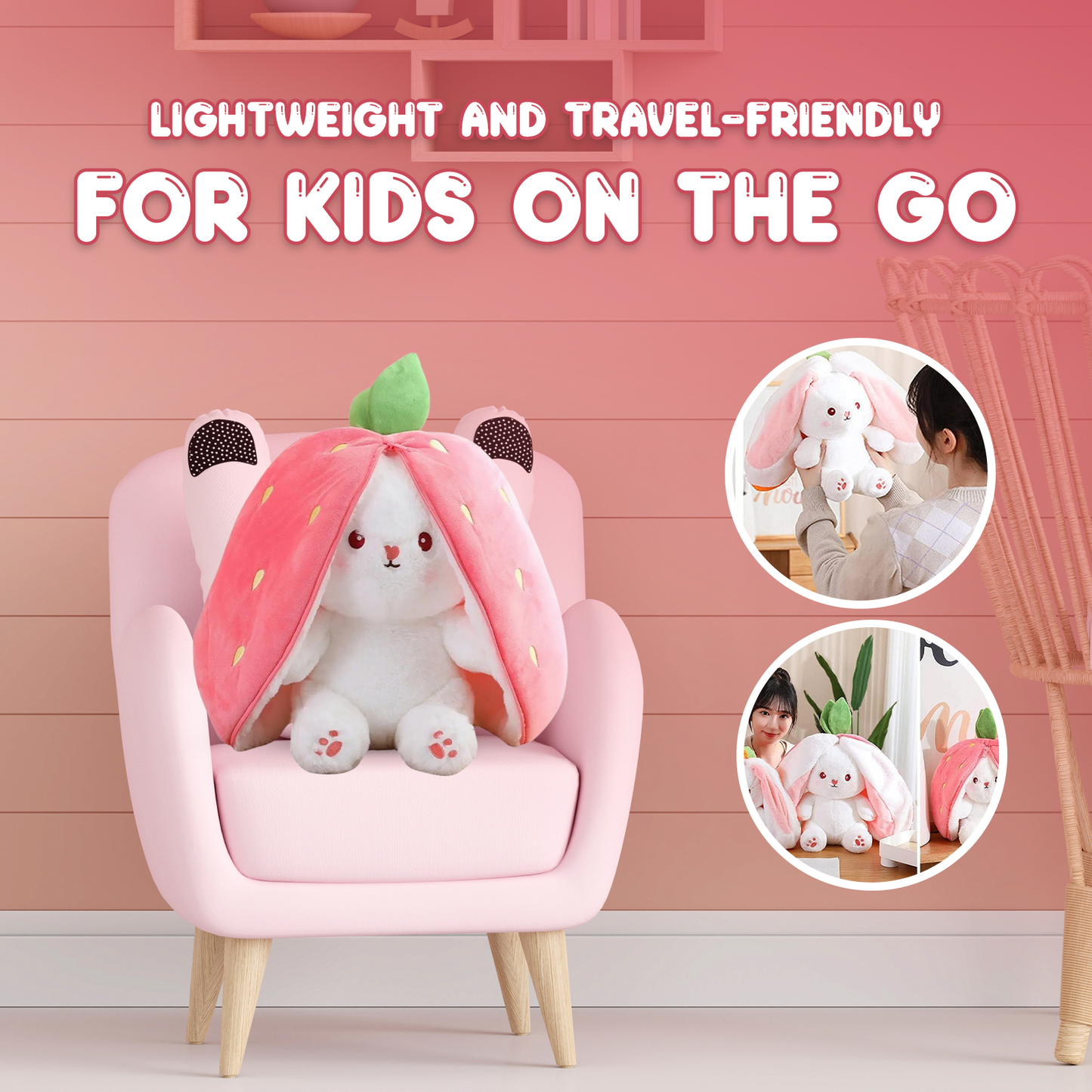 Reversible Strawberry - Carrot Bunny Soft Toy – Perfect Plush Toy for Girls, Cute Soft Toys for Baby Girl, Stuffed Rabbit Toy for Kids, Ideal Soft Toys for Newborn Baby and Gift for Girls