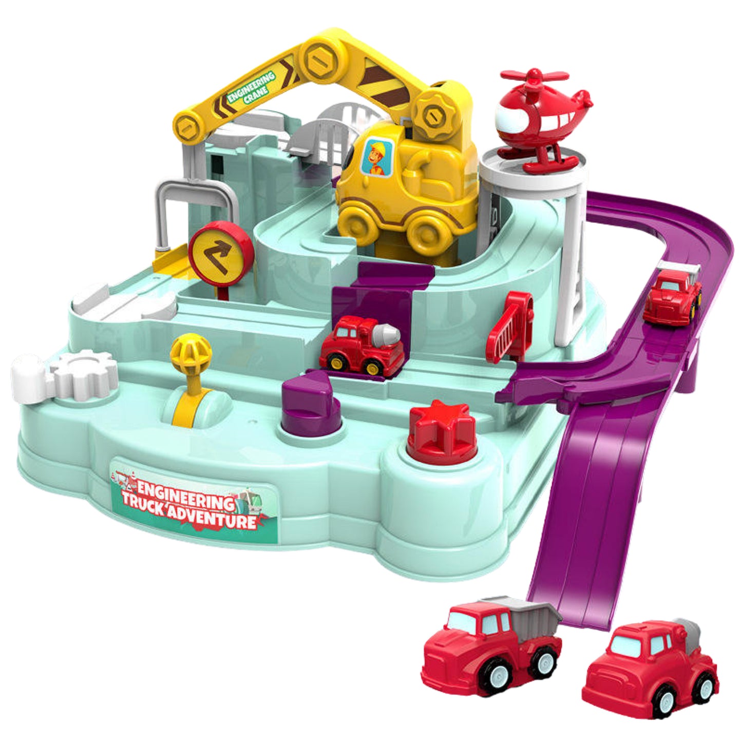 Sakuya Car Race Track Toy for Kids with Helicopter, Ramp, Slide, Manual Controls and Crane | Fun Learning Engineering Truck Adventure Set | Gift for Boys and Girls Ages 3+