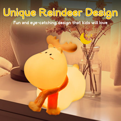 Sakuya Reindeer LED Night Lamp – Cute Silicone Bedside Light for Kids, Nursery & Bedroom Decor, Rechargeable Soft Light with Tap Control, Gift for Christmas & Birthday