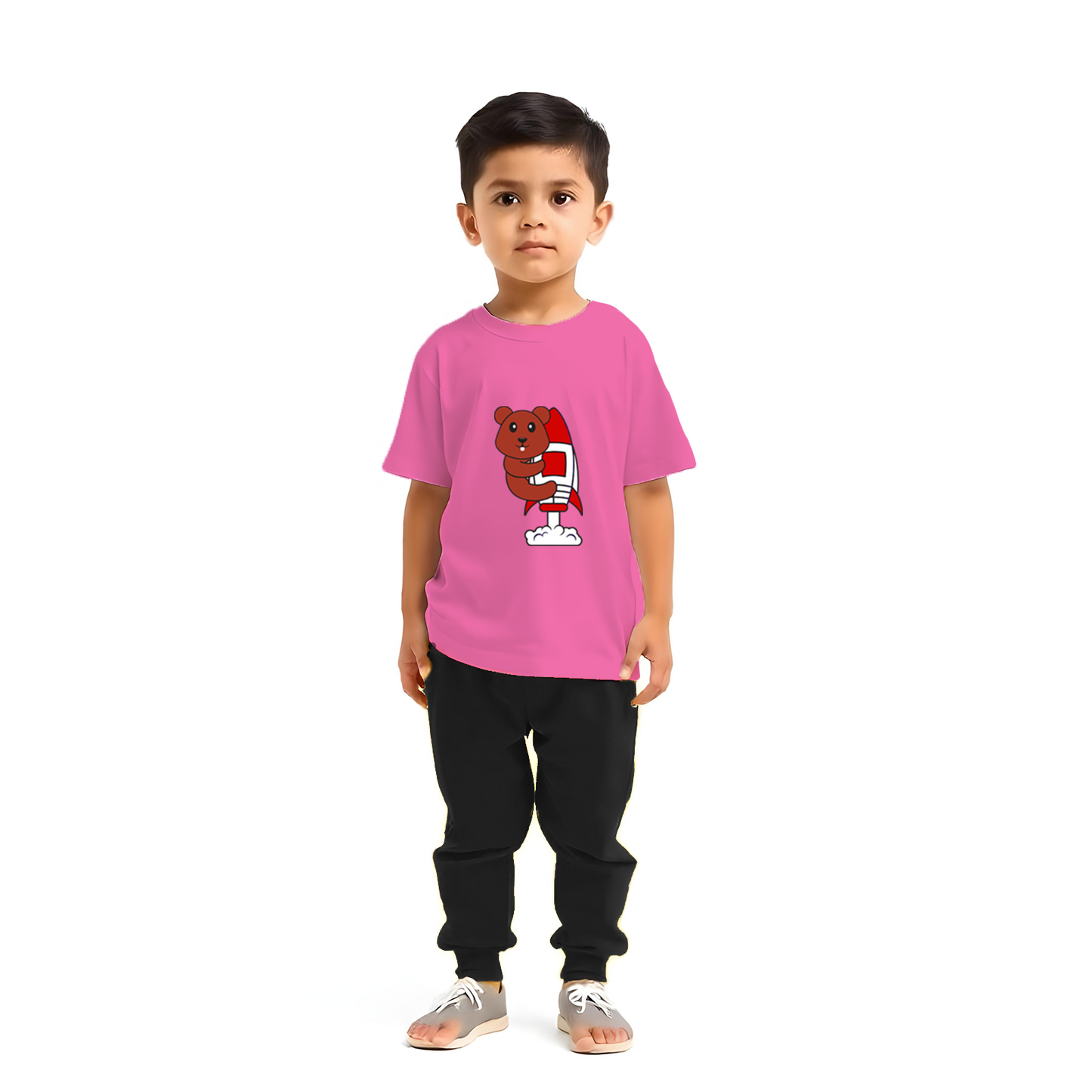 Sakuya Cute Fun Cartoon Print Breathable Cotton Full Sleeve Tshirt & Pant Clothing Set for Nightwear coord Set for Unisex Kids Boys Girls, Pink,Black)