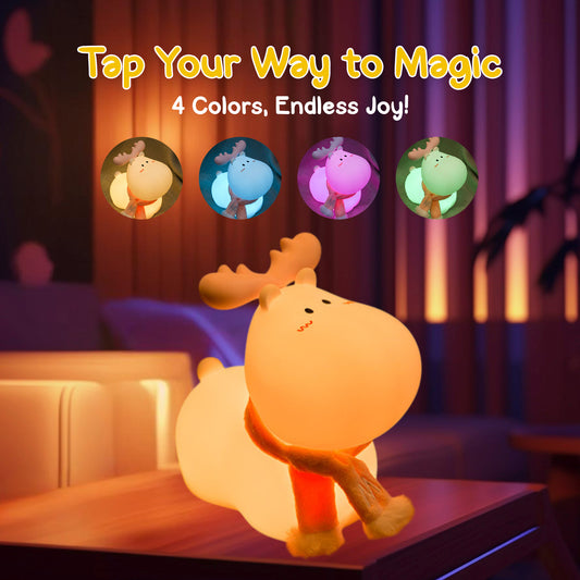 Sakuya Reindeer LED Night Lamp – Cute Silicone Bedside Light for Kids, Nursery & Bedroom Decor, Rechargeable Soft Light with Tap Control, Gift for Christmas & Birthday