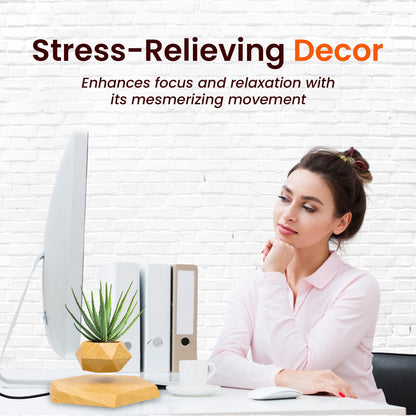 Sakuya Magnetic Levitating Plant Pot with Power Cord | Floating & Rotating Planter with Wooden Finish | Home & Office Decor | Unique Desk Ornament & Gift for Plant Lovers