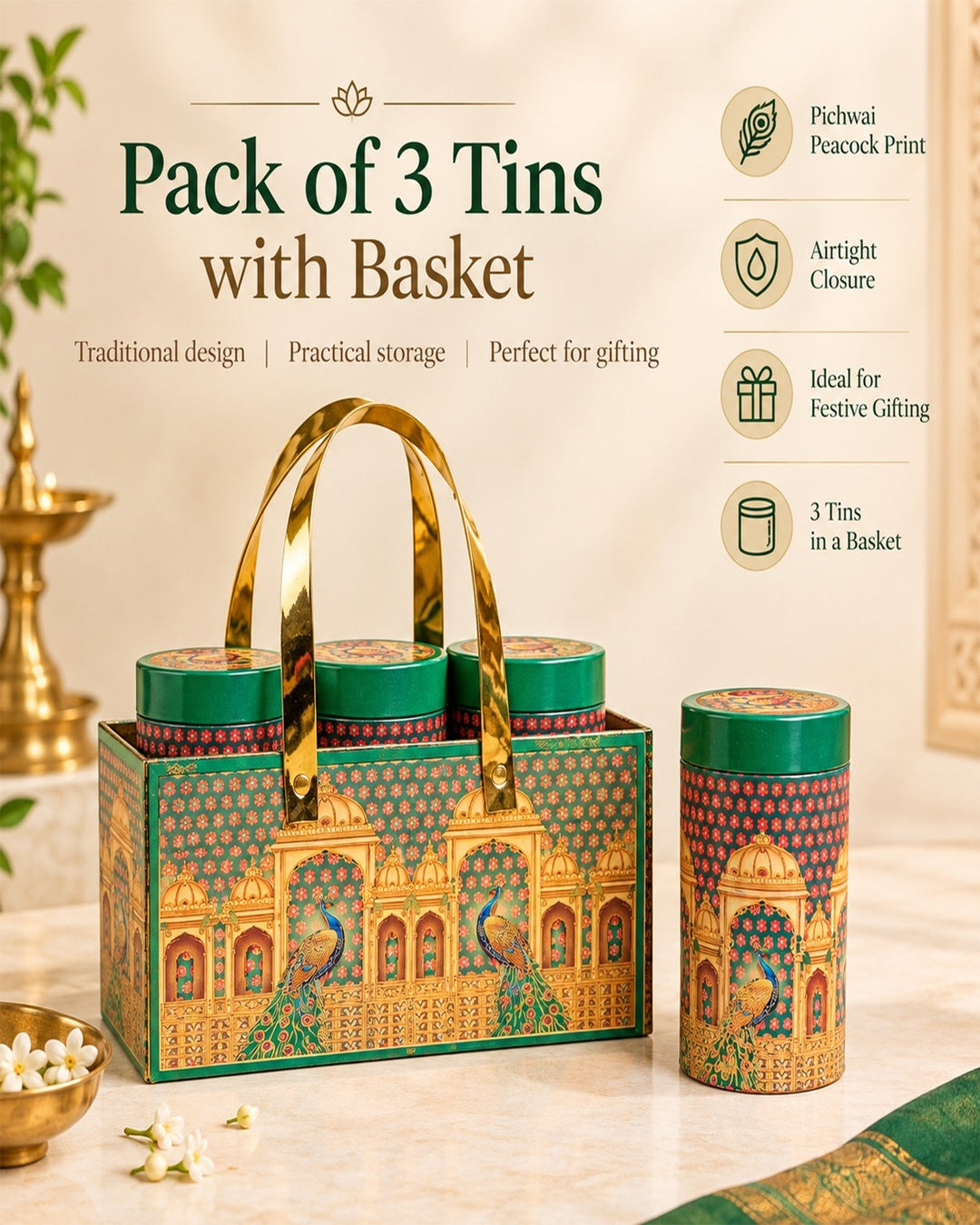 3" x 6" Pichwai Metal Tin Box with Basket for Navrathri Gifting - Pack of 3