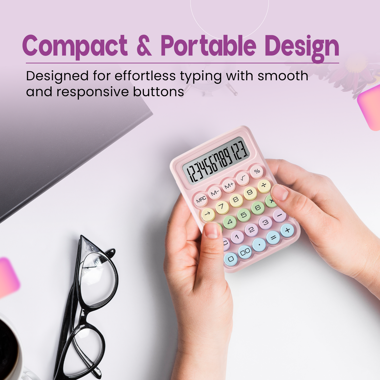 Sakuya Colorful Calculator | Large Display, Soft-Touch Buttons, Battery-Powered, Aesthetic Design, Perfect for Office, School, Students, and Professionals, Easy to Use